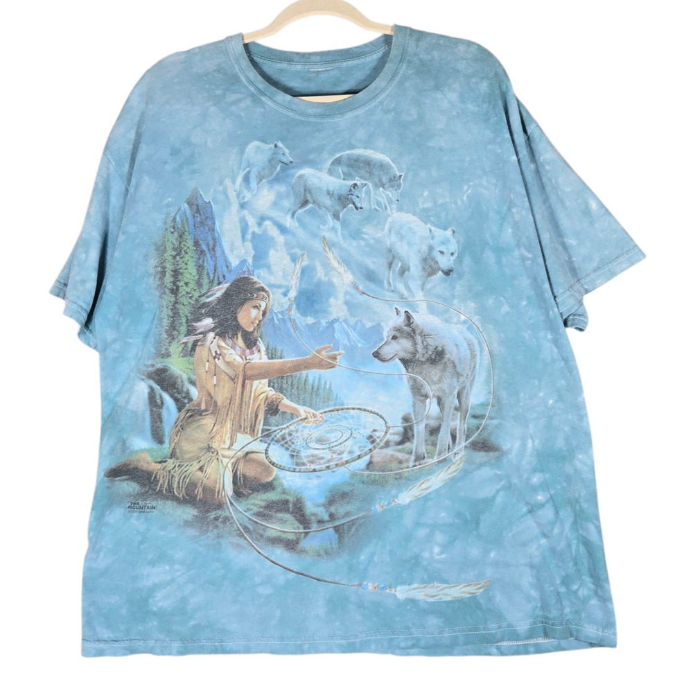 VTG The Mountain Shirt Mens XL Blue Wolves Native Woman Wolf Spirit Dreamcatcher